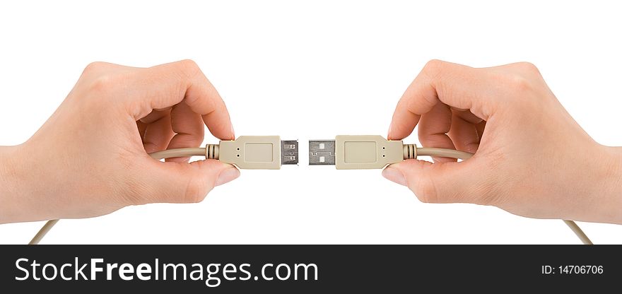 Hands and computer cable isolated on white background