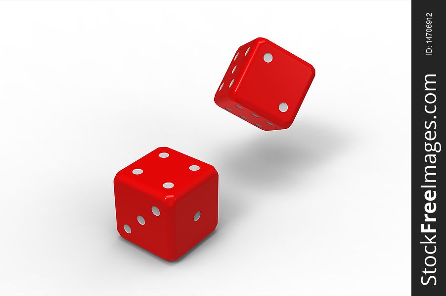 Two red dices, render, isolated on white background