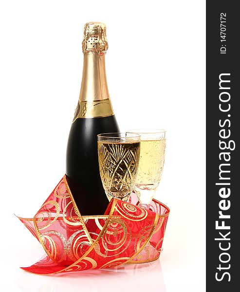 Champagne and tape on a white background