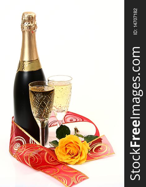 Champagne and tape on a white background