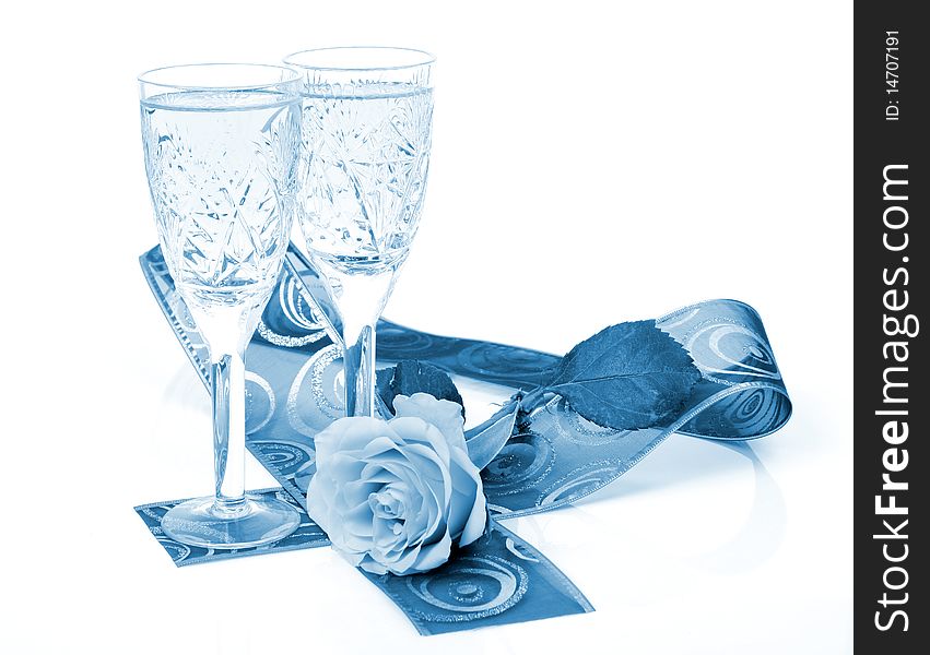 Champagne and tape on a white background