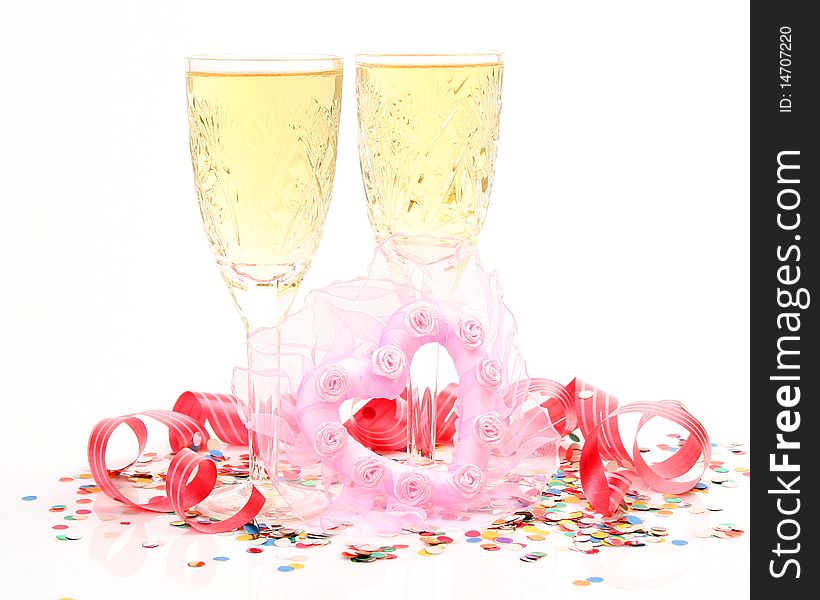 Champagne and heart on a white background