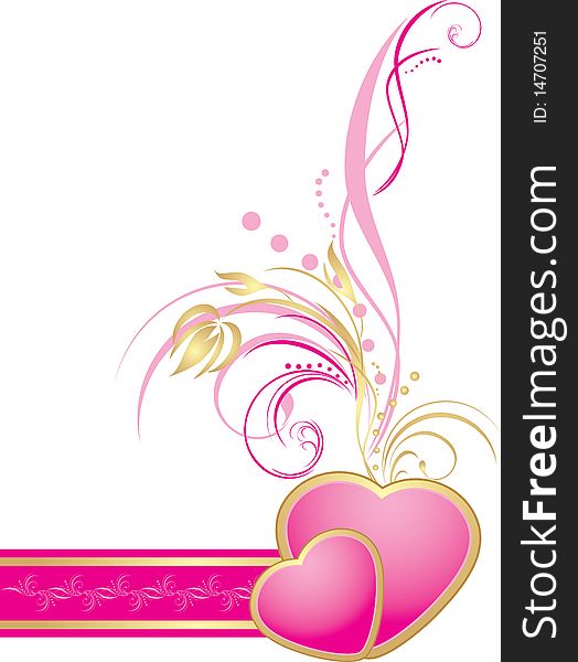 Pink hearts with decorative sprig on the ribbon