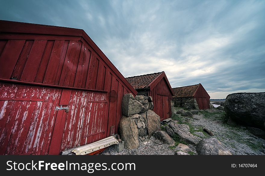 Boat shacks on the coast of northern Norway,ldr. Boat shacks on the coast of northern Norway,ldr