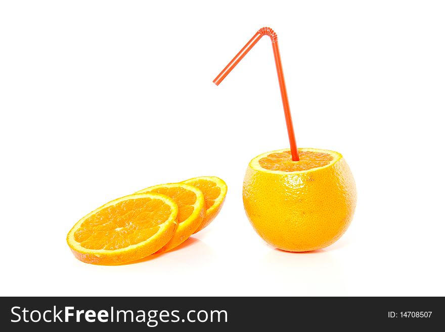 An orange with a straw isolated over white