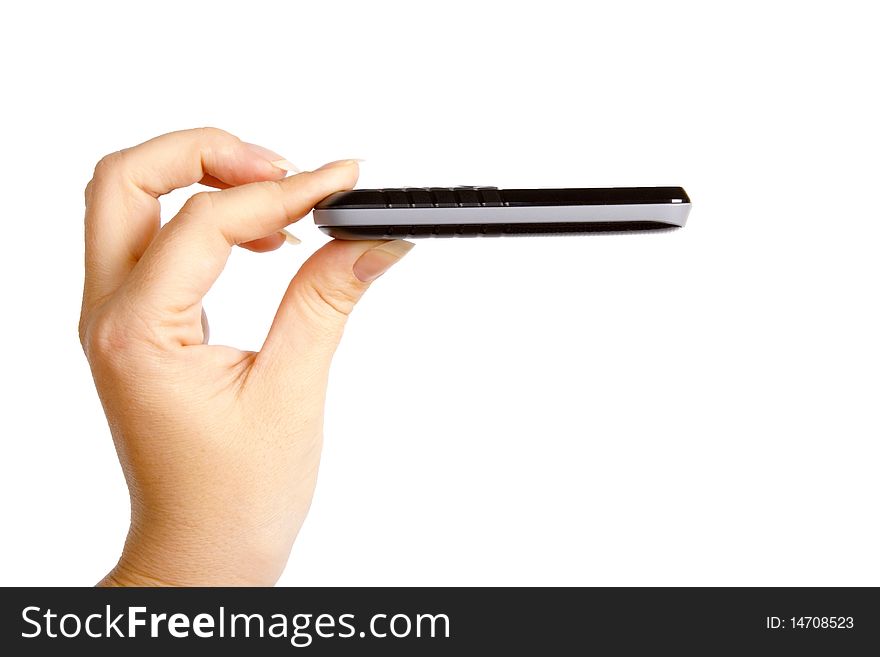 Slim mobile phone in the women's hand isolated on white background