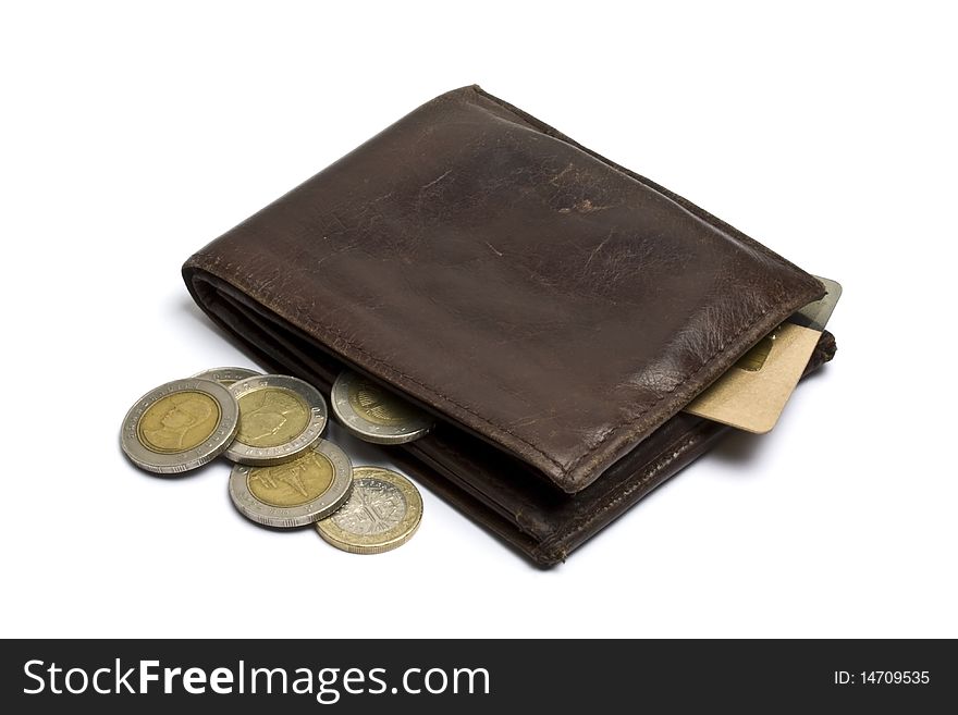 Brown wallet with coins and credit card isolated on white