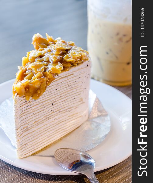 Caramel crepe cake with nuts