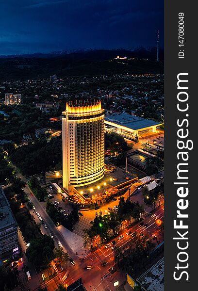 Almaty Kazakhstan Aerial View Of The Kazakhstan Hotel At Night