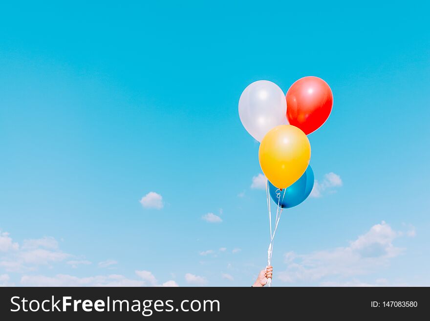 Colorful balloons with blue sky Concept of happy birth day in summer and wedding, honeymoon party use for background. Vintage color tone style