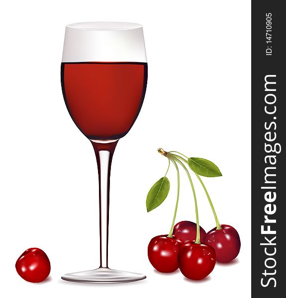 A Glass Of Red Wine With Cherries.