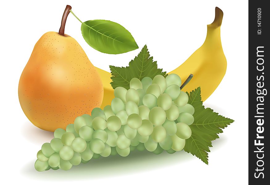 Photo-realistic illustration. Banana, pear and green grapes.