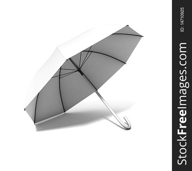 Big grey (white) open umbrella is lying on the ground.  Three-dimensional,  isolated on white. Big grey (white) open umbrella is lying on the ground.  Three-dimensional,  isolated on white