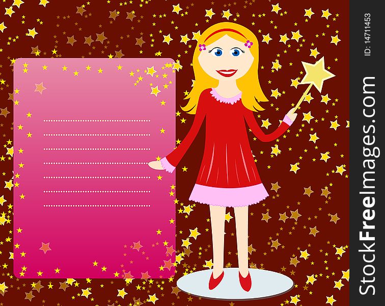 Fairy girl with magic wand and pink card with copy space for your text.