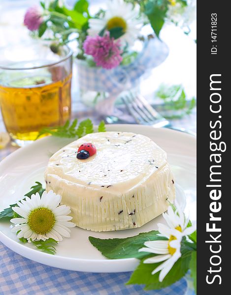 Traditional homemade cheese with caraway seeds on the plate. Dekorated with wild flower