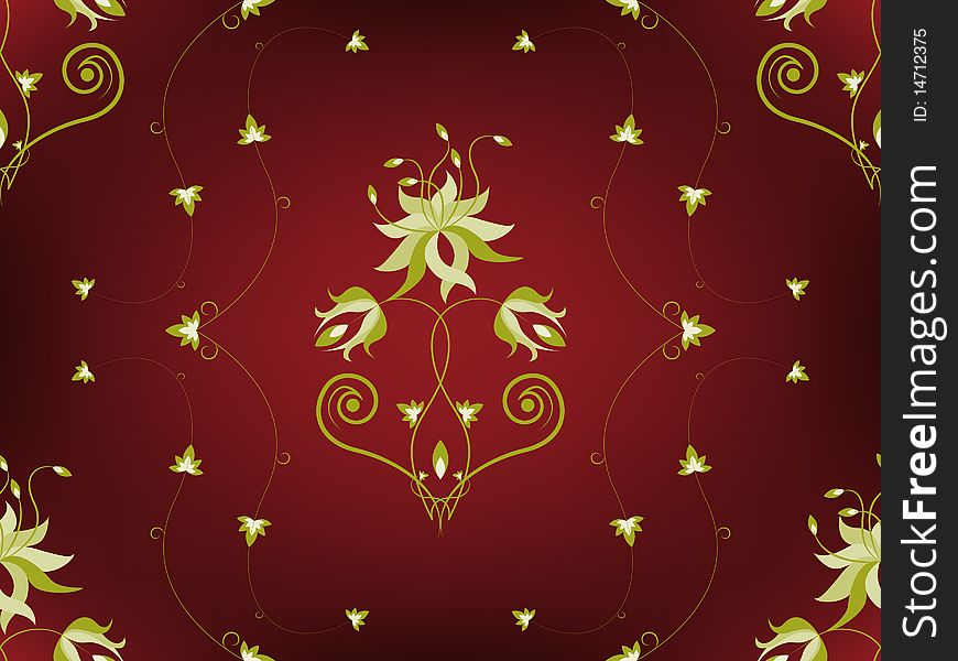 Floral seamless pattern: gold flowers on red