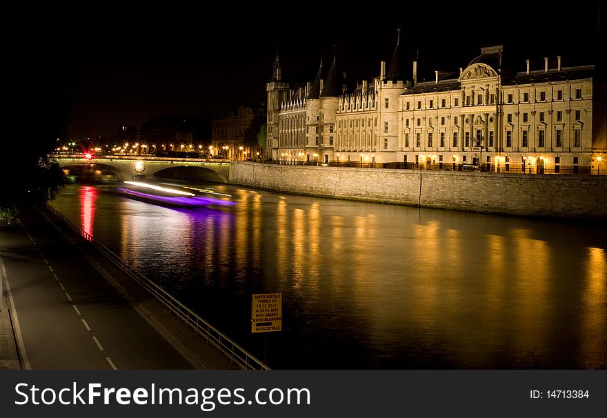 Seine river and bridge in sunset