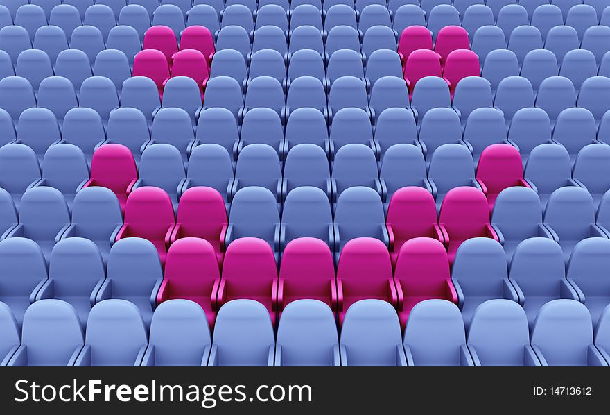 Pink armchairs in smiling symbol shape in cinema or stadium. Pink armchairs in smiling symbol shape in cinema or stadium