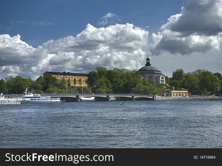 Stockholm gulf with bridge and ships