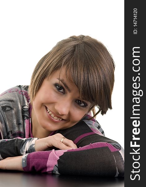 Portrait of beautiful woman smiling with armrest