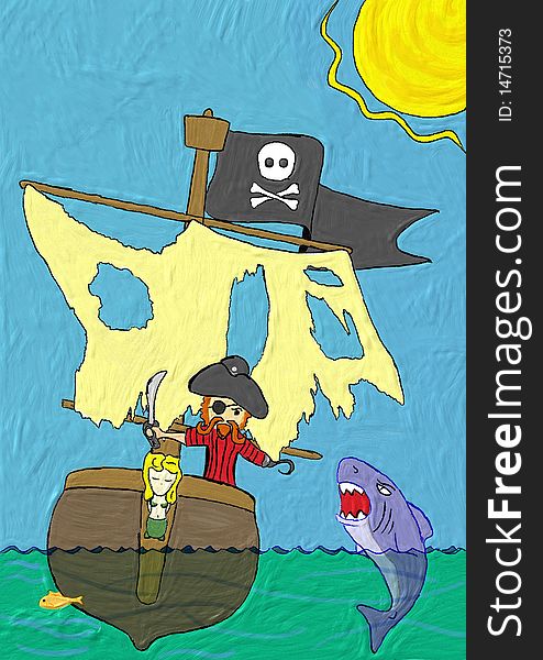 Crayon Painting Pirate in Boat Fighting Shark