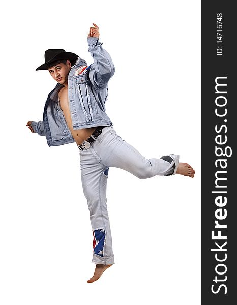 A muscular man in a cowboy hat jumping over white background.