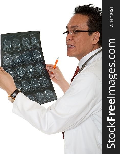Doctor diagnosis x-ray, asian man look at film against white background