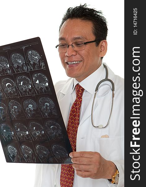 Doctor diagnosis x-ray, asian man look at film against white background
