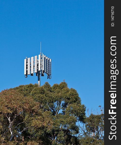 Mobile communications tower above trees against clear, blue sky.