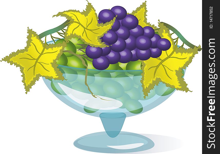 Glass vase with grapes and leafs isolated. Glass vase with grapes and leafs isolated.