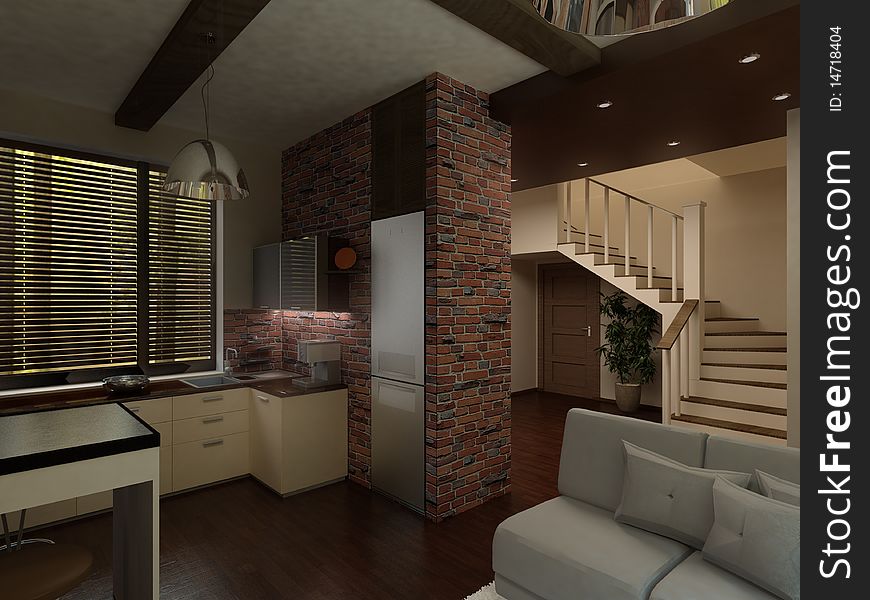 Illustration interior furnished apartments with kitchen and stairs to the second floor