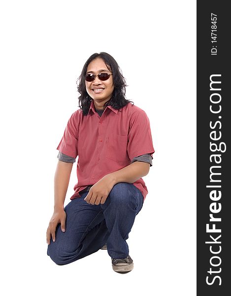 Long hair man relax on white background