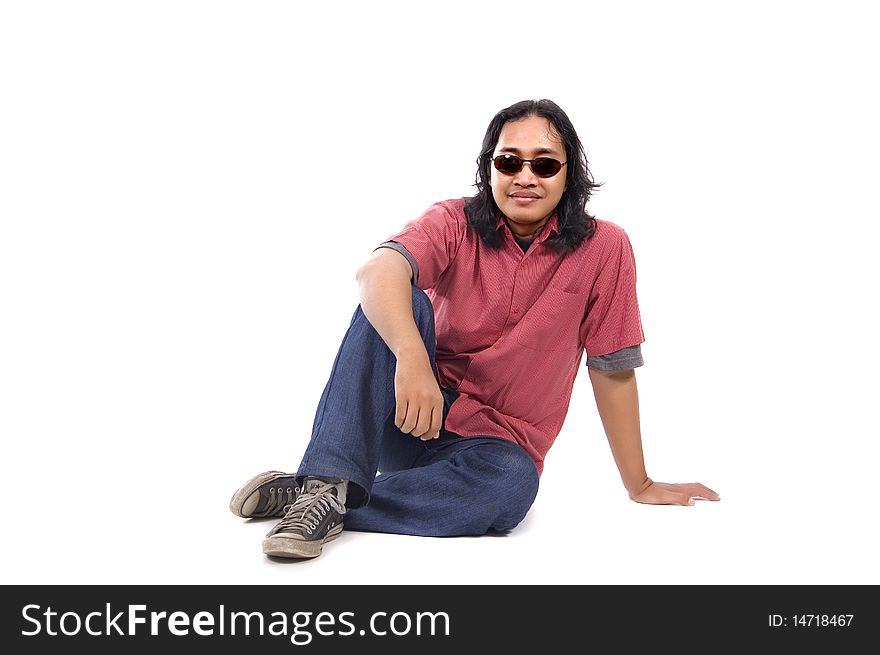 Long hair man relax on white background