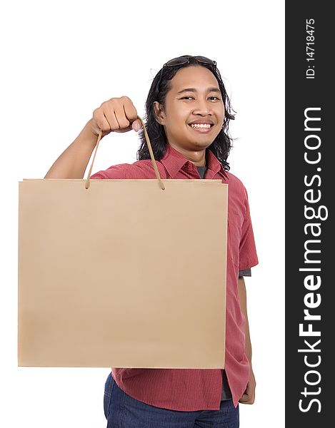 Long hair man with paper bag isolated on white background