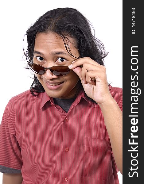 Asian man with sunglasses, long hair and red shirt feel confident isolated on white background. Asian man with sunglasses, long hair and red shirt feel confident isolated on white background