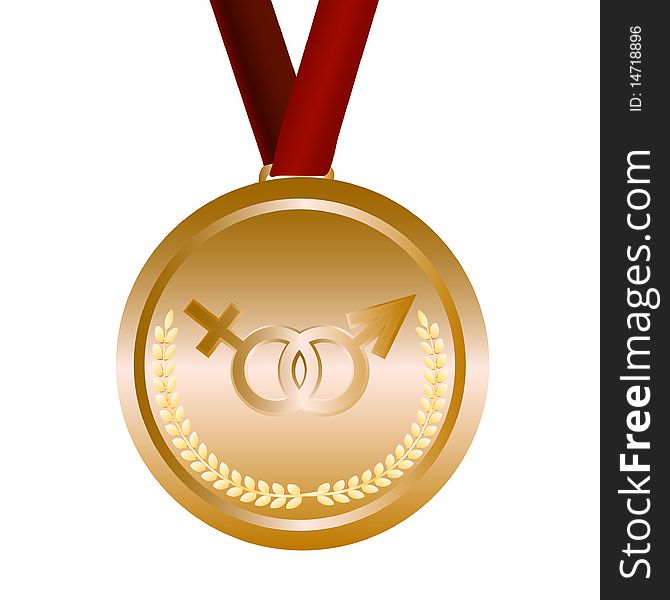 Gold medal with feminine and masculine signs and red ribbon