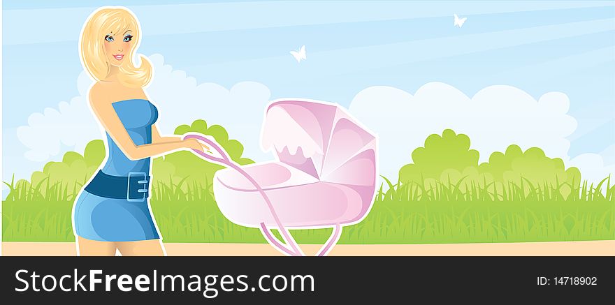 Women with pram illustration