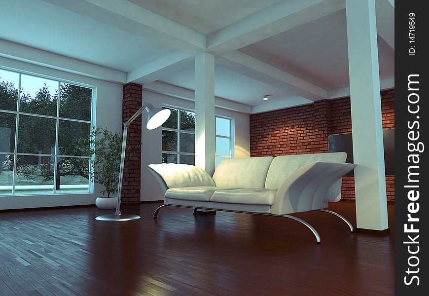 Modern empty interior with white walls, sofa and plants. Modern empty interior with white walls, sofa and plants