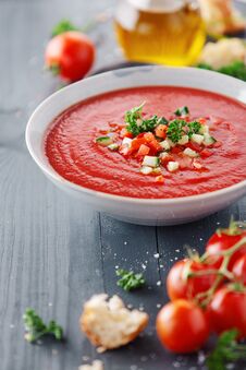 Tasty Summer Tomato Soup Served In Bowl Stock Photo