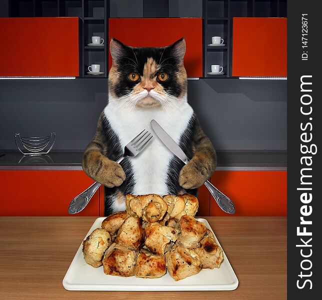 The cat with a knife and a fork sits in front of the square plate of grilled meat in the kitchen. The cat with a knife and a fork sits in front of the square plate of grilled meat in the kitchen