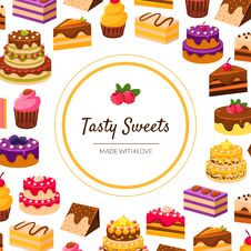 Tasty Sweets Banner Template With Desserts Pattern, Bakery, Confectionery, Shop Design Element Vector Illustration Royalty Free Stock Photo