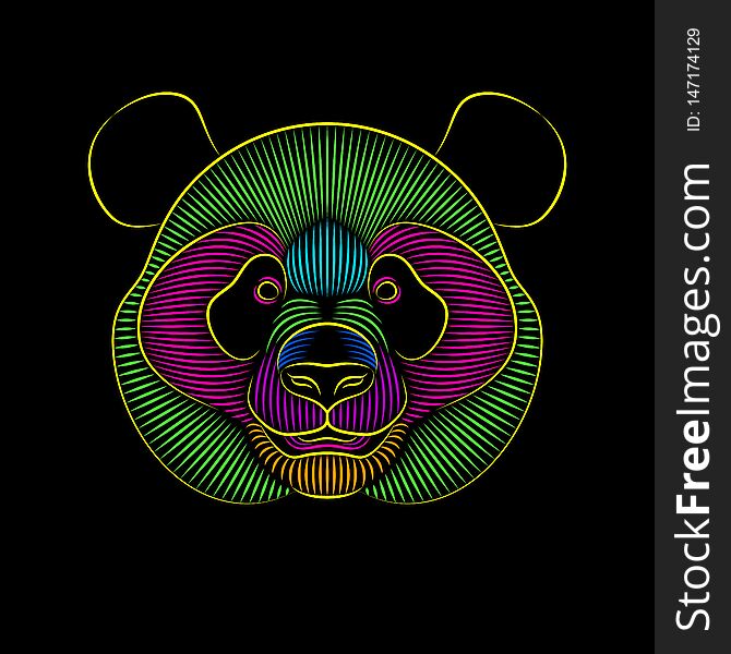Engraving of stylized psychedelic giant panda on black background. Linear drawing. Portrait of a panda