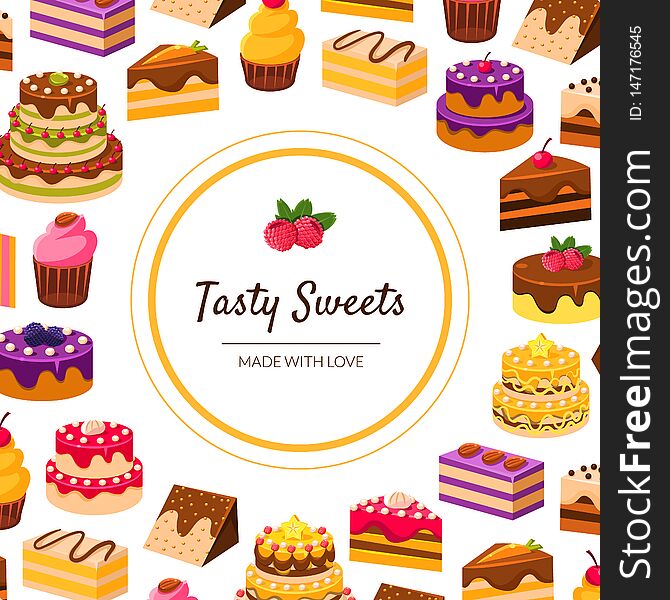 Tasty Sweets Banner Template with Desserts Pattern, Bakery, Confectionery, Shop Design Element Vector Illustration