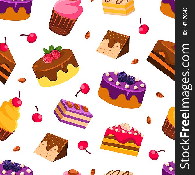 Delicious Desserts Seamless Pattern with Tasty Sweets, Design Element Can Be Used for Fabric, Wallpaper, Packaging