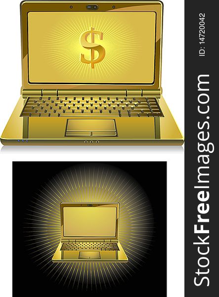 Gold stylish glossy laptop with a gold dollar on the screen. Glitter and wealth! There is a variant on a black background. Gold stylish glossy laptop with a gold dollar on the screen. Glitter and wealth! There is a variant on a black background