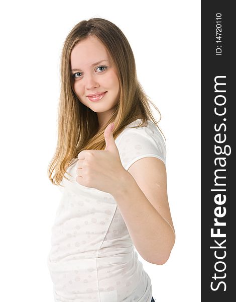 Portrait of the beautiful long-haired blonde showing a sign ok, isolated on white. Portrait of the beautiful long-haired blonde showing a sign ok, isolated on white