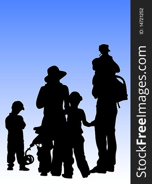 Drawing parents and children. Silhouettes of people on blue sky. Drawing parents and children. Silhouettes of people on blue sky