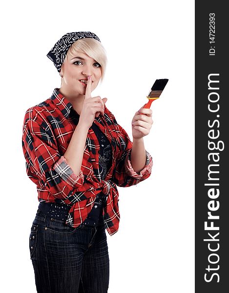 Charming blonde painter in a red shirt and blue scarf