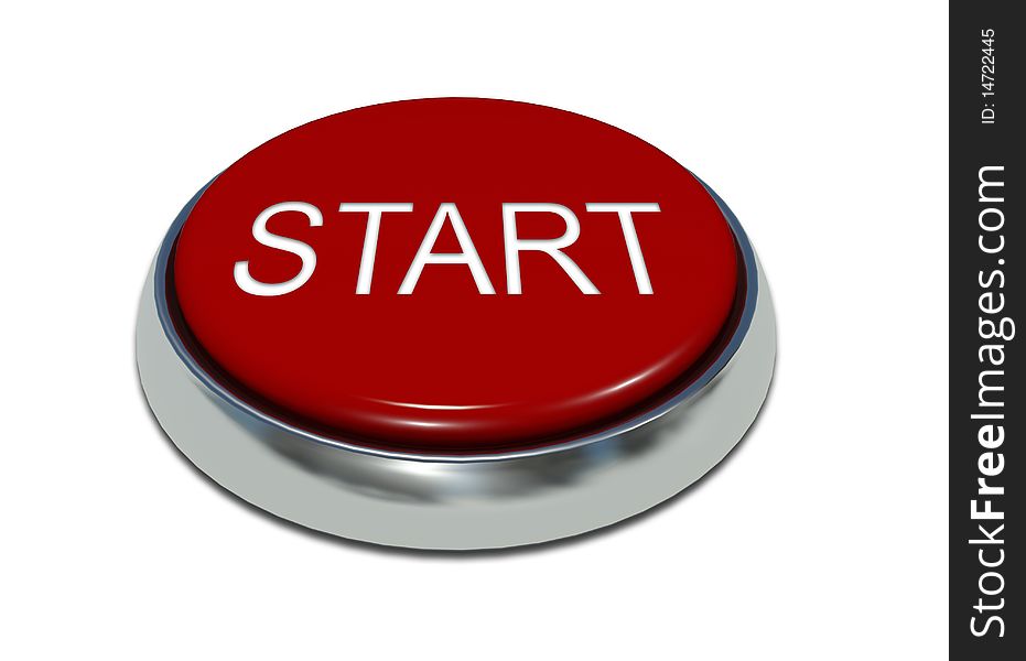 Red button with a metal edging and an inscription