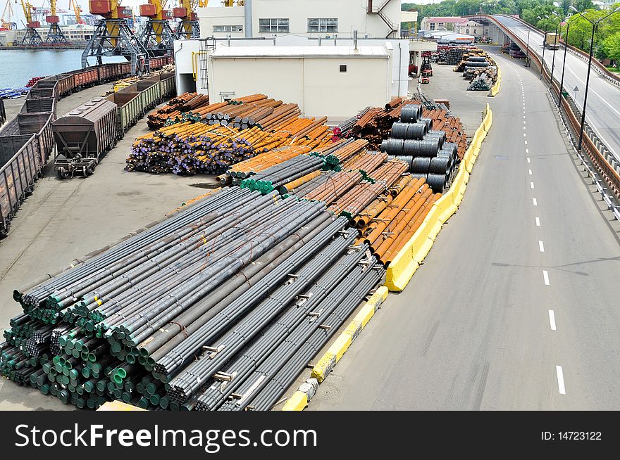 Warehouse steel pipe in the port. Warehouse steel pipe in the port